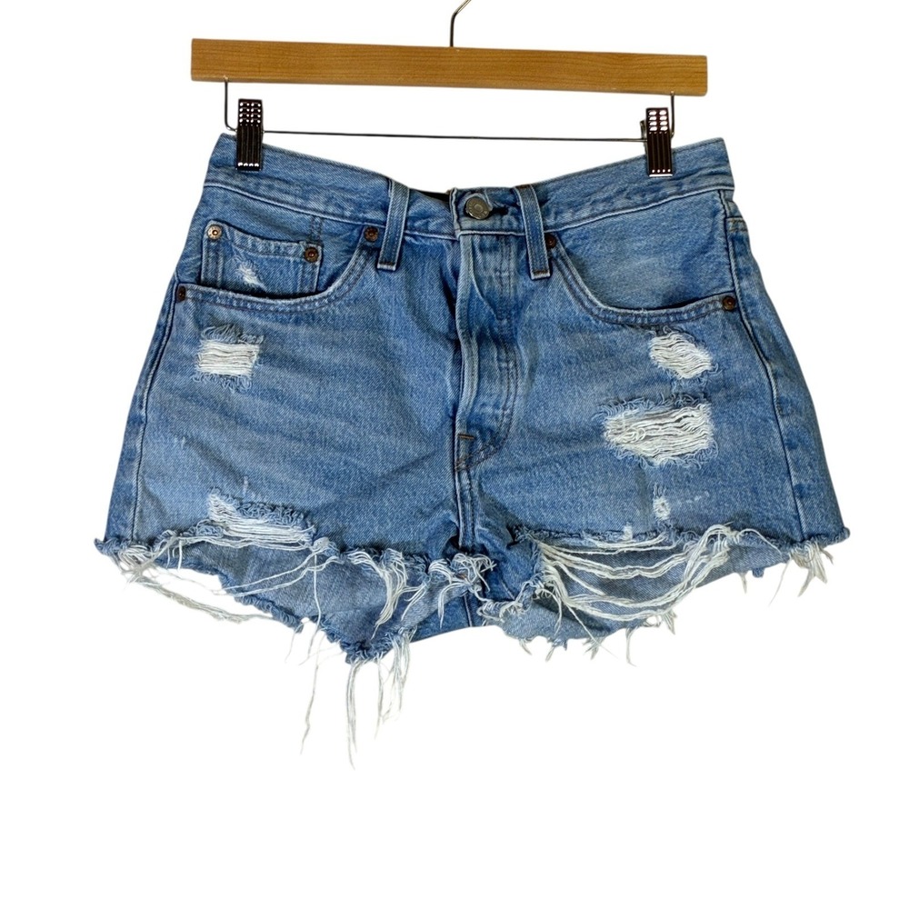 Levis 501 Light Wash Distressed Denim Shorts High Rise Daisy Dukes Size 27